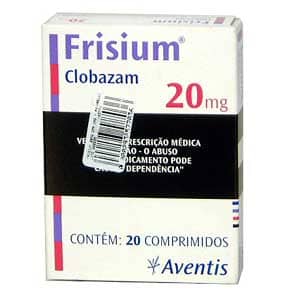 A packet labelled Frisium – Clobazam displaying dosage information in milligrams, neatly arranged on a white surface with tablets visible through the packaging. Frisium For Sale Australia