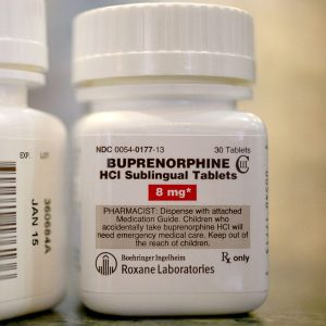 Sealed container labeled Buprenorphine (Suboxone) showing the dosage measurement and the number of tablets indicated on the packaging.”