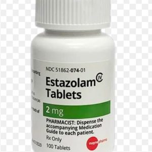 A container labelled Estazolam displaying dosage information in milligrams, with tablets placed beside the bottle on a clean white surface. Estazolam For Sale Online
