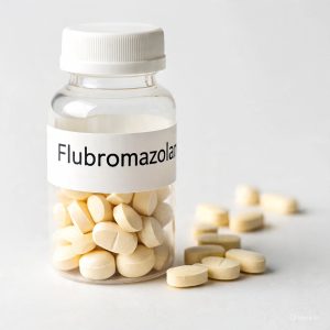 A sealed container labelled Flubromazolam placed on a clean surface, showing the name clearly on the label. Flubromazolam For Sale in Australia