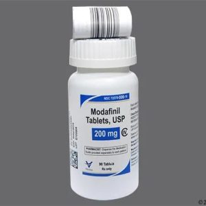 Modafinil medication in a sealed pharmacy container labelled with dosage strength in milligrams and the quantity of tablets inside. Modafinil For Sale Australia