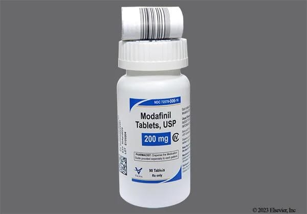 Modafinil medication in a sealed pharmacy container labelled with dosage strength in milligrams and the quantity of tablets inside.