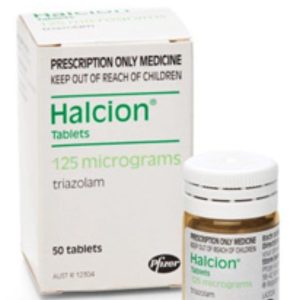 Triazolam (Halcion) in a sealed container displaying its dosage measurement and number of tablets, with the product’s packet positioned beside it