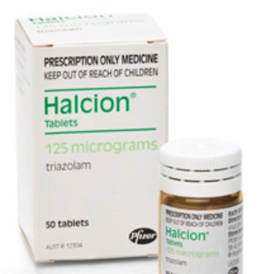 Triazolam (Halcion) in a sealed container displaying its dosage measurement and number of tablets, with the product’s packet positioned beside it. Triazolam For Sale Australia