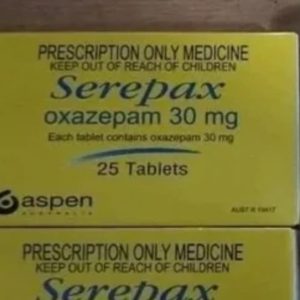 Serepax (Oxazepam) in a sealed packet displaying its dosage measurements and the total number of tablets inside. Serepax For Sale in Australia